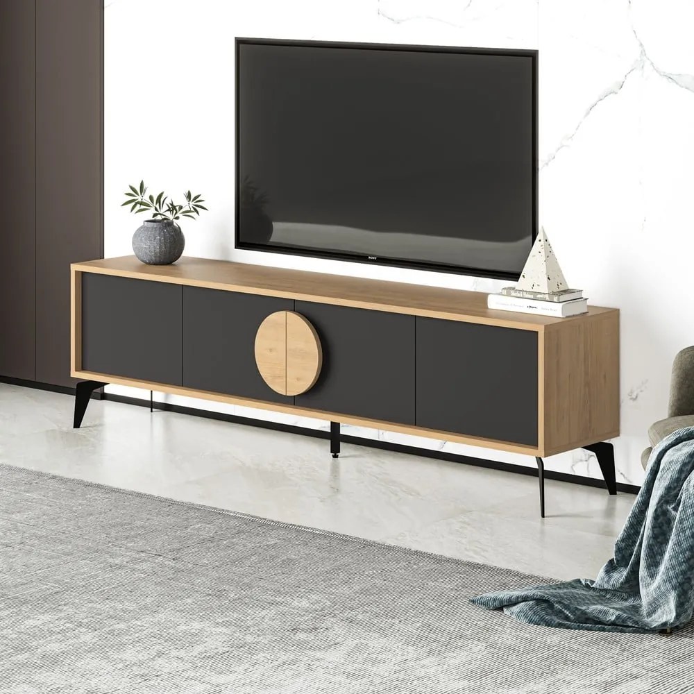 Masă TV neagră/în culoare naturală cu aspect de lemn de stejar 180x51 cm Vae – Marckeric