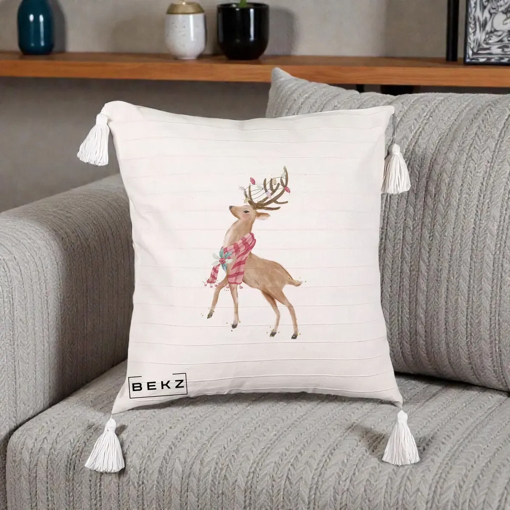 Perna Decorativa Renita cu Fular si Luminite, 40x40 cm, Bej cu Franjuri, Husa Detasabila, Perna Inclusa, BEKZ®