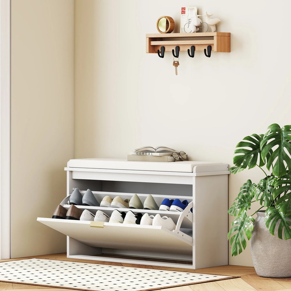 HOMCOM Bancă pentru Pantofi cu Raft Interior Reglabil și Detașabil, 80x26x47.5 cm, Alb și Bej | Aosom Romania