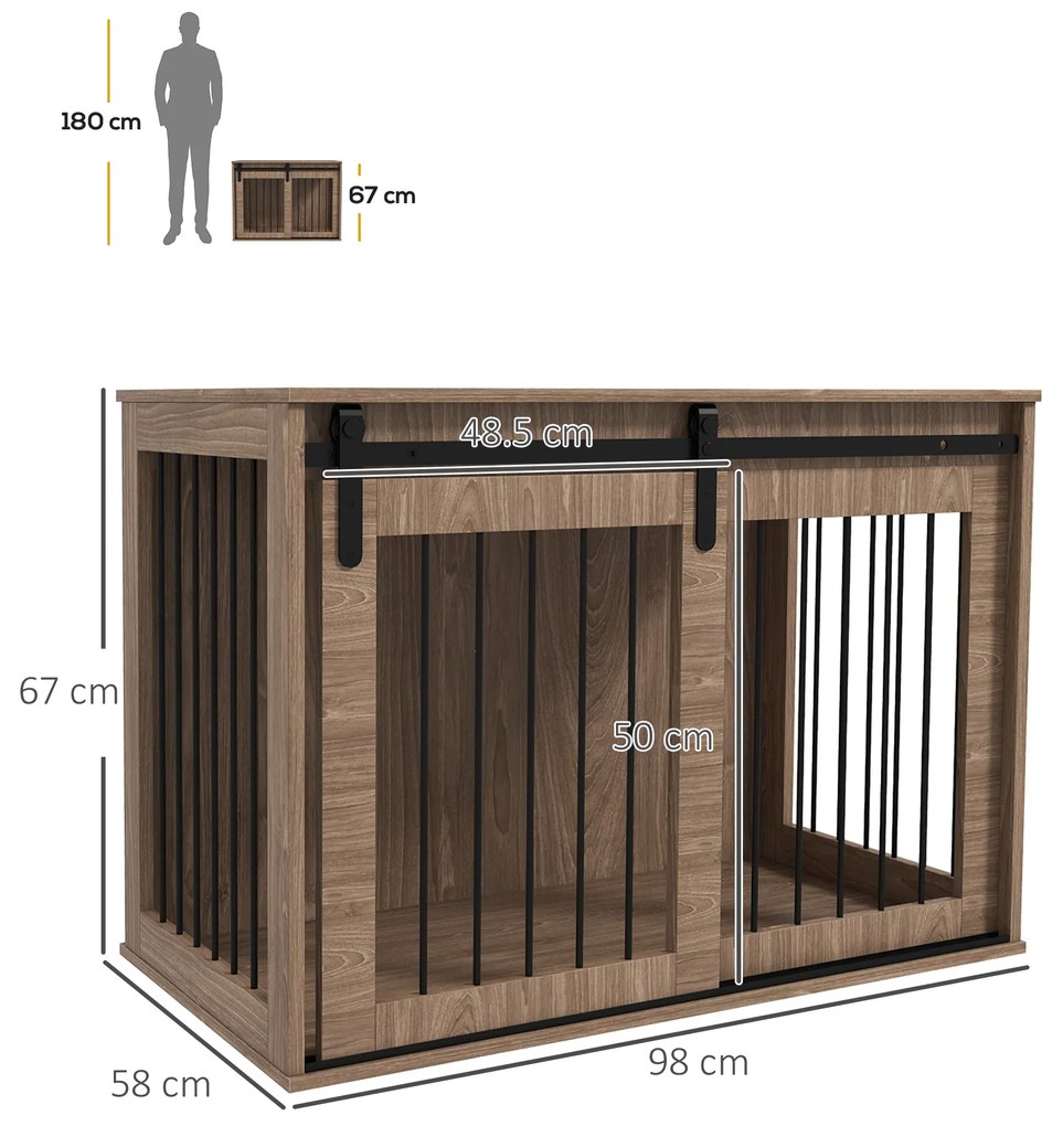 PawHut Căsuță Multifuncțională pentru Câini Mari, Culcuș pentru Câini cu Ușă Culisantă, 98x58x61 cm, Maro | Aosom Romania