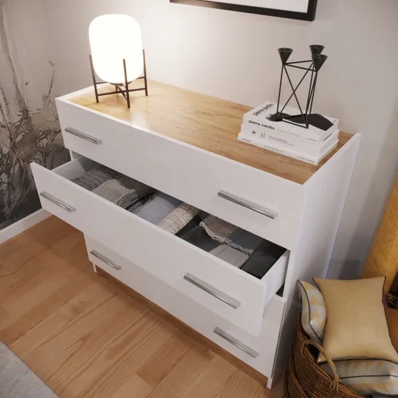 Comoda Tentro Cu 4 Sertare, Stejar Alb Si Stirling, 100 Cm