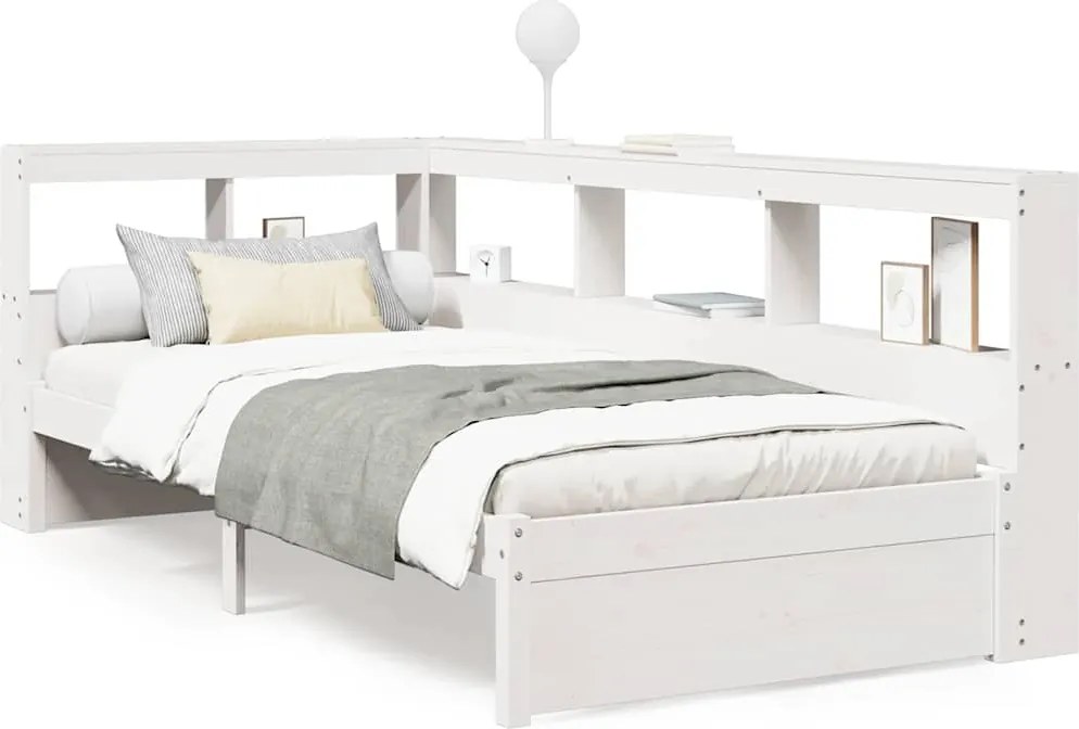 vidaXL Pat cu bibliotecă fără saltea, alb, 75x190 cm, lemn masiv pin