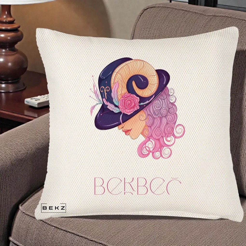 Perna Personalizata Zodie Berbec, 40x40 cm, Crem Reliefat, Husa Detasabila, Perna Inclusa, BEKZ®