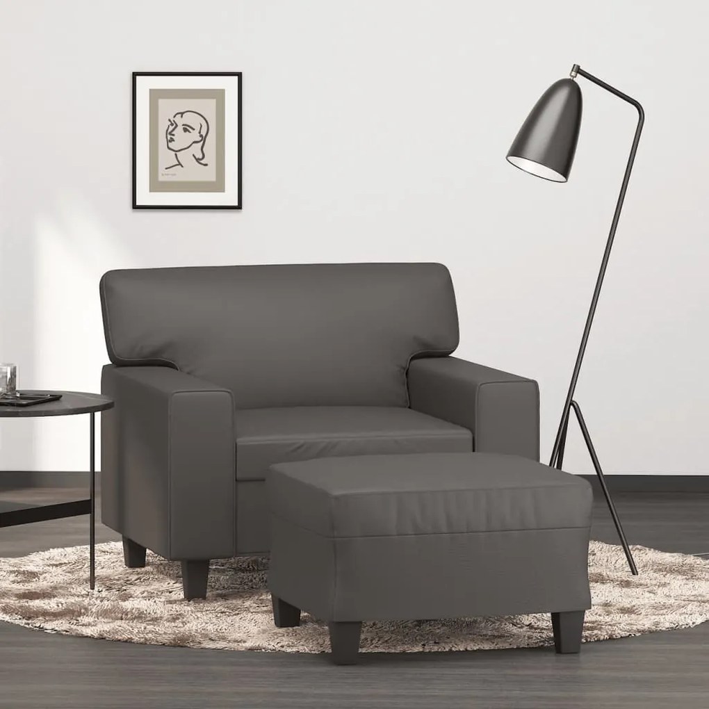 vidaXL Fotoliu canapea cu taburet, gri, 60 cm, piele ecologică