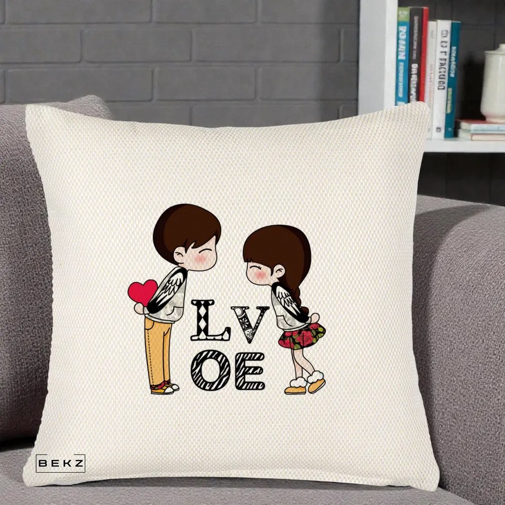 Cadou Romantic - Perna Personalizata Cuplu Kawaii LOVE, 40x40 cm, Crem Reliefat, Husa Detasabila, Perna Inclusa, BEKZ®