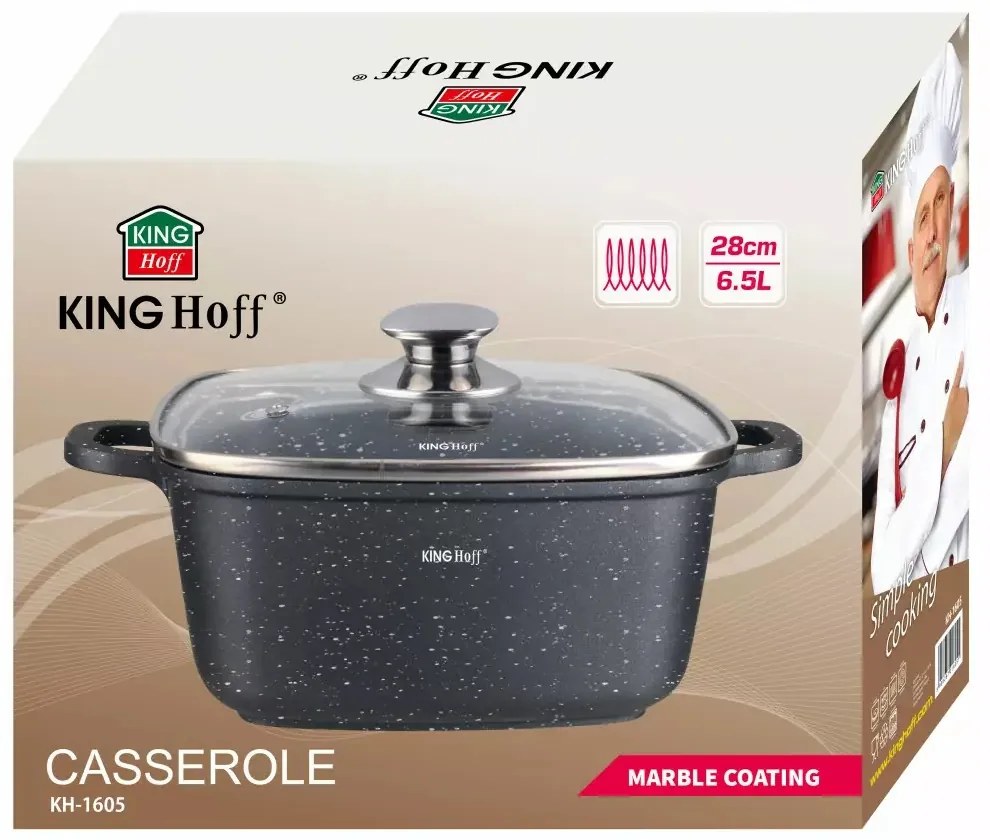 Oală pătrată cu capac 28x28 cm, 6.5L – Kinghoff KH 1605, neagră, strat marmură, perfectă pentru preparate voluminoase