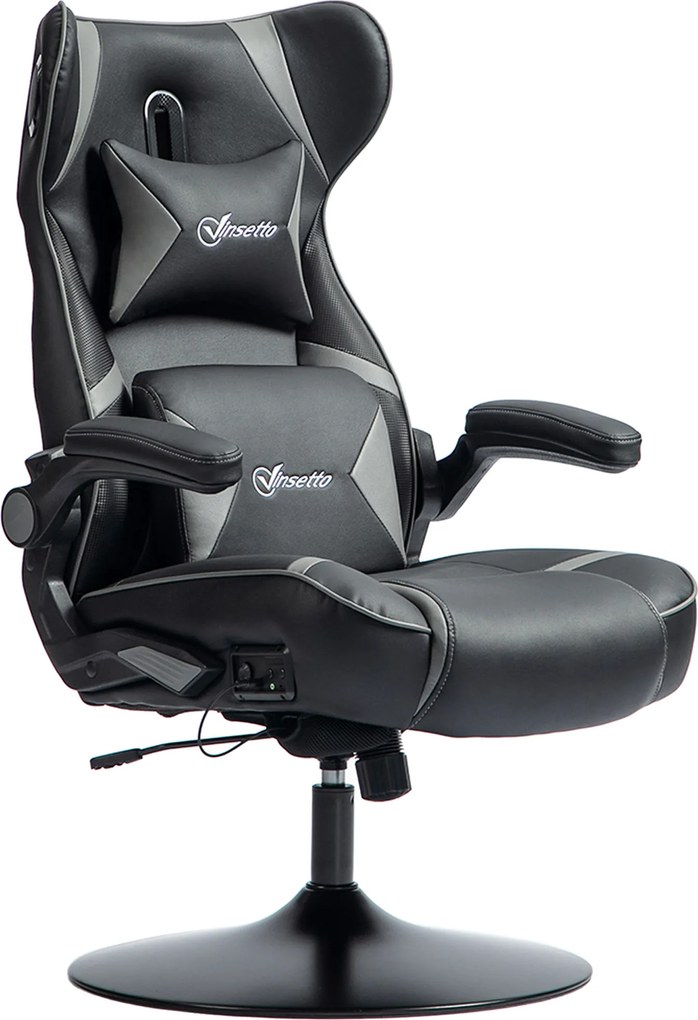 Vinsetto Fotoliu Gaming cu functie de leganare si difuzor, suport lombar si cervical, pentru camera de jocuri, Piele artificiala, Gri+Negru | Aosom Romania