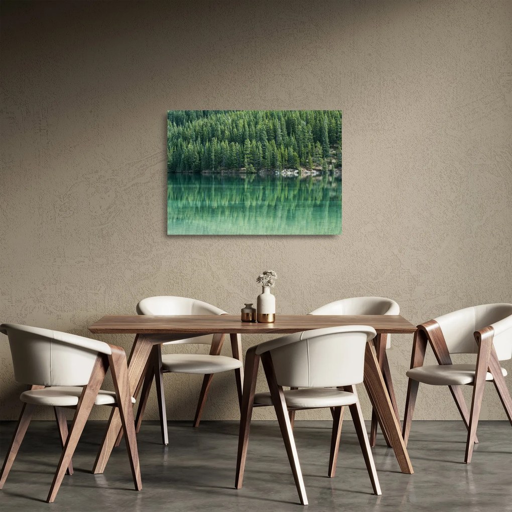 Tablou pe sticlă - Coniferi lângă lac (70x50 cm)