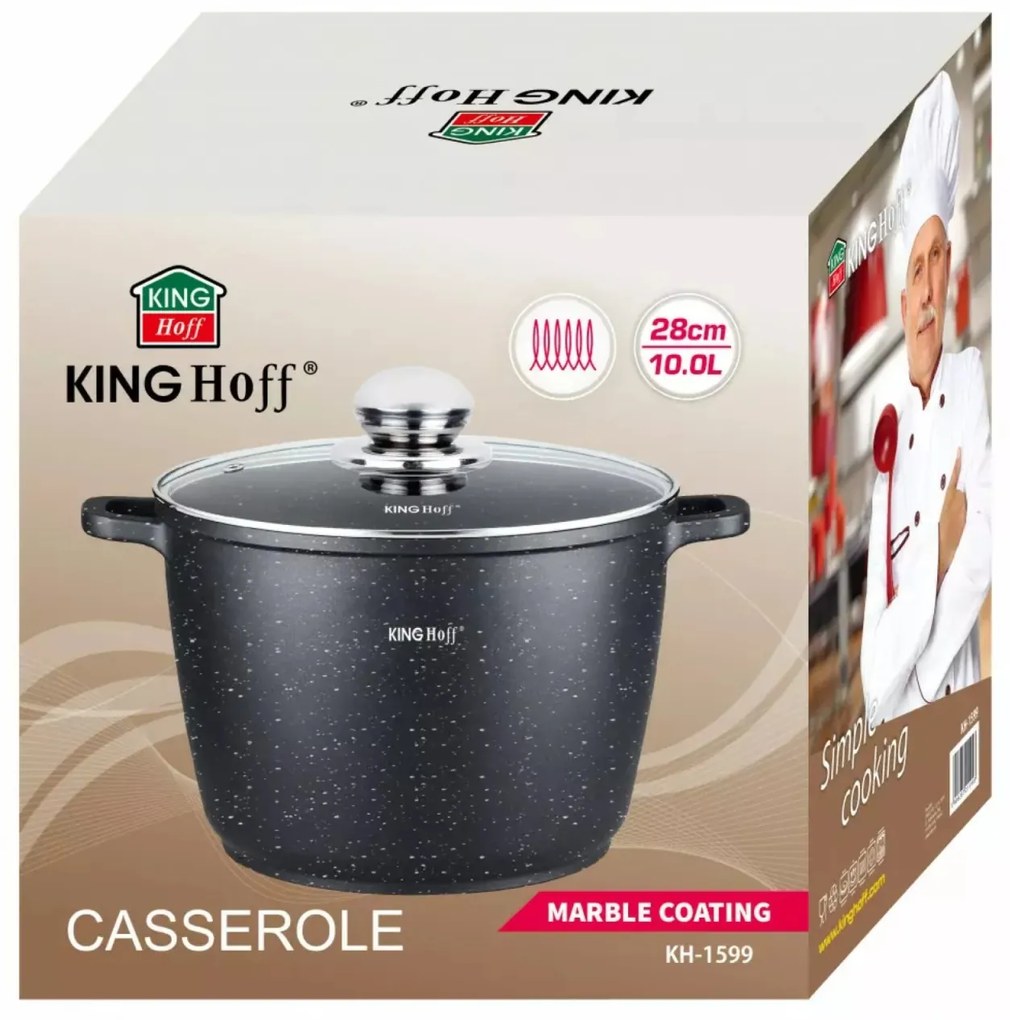 Oală cu capac 28 cm, 10L – Kinghoff KH 1599, antiaderentă cu marmură, neagră, ideală pentru supe și mâncăruri în volum mare