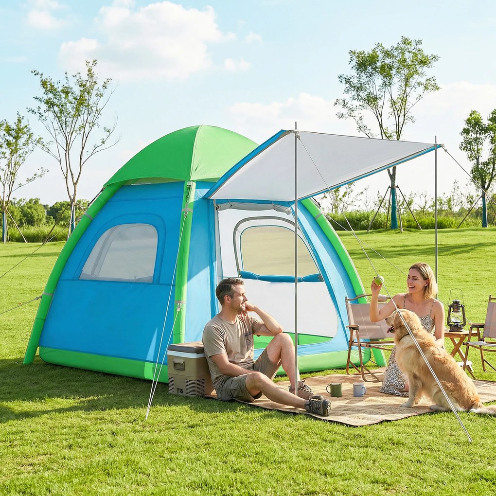 Outsunny Cort gonflabil 3 persoane - montare rapidă, camping outdoor cu pompă, ferestre din plasă, acoperiș detașabil | Aosom Romania
