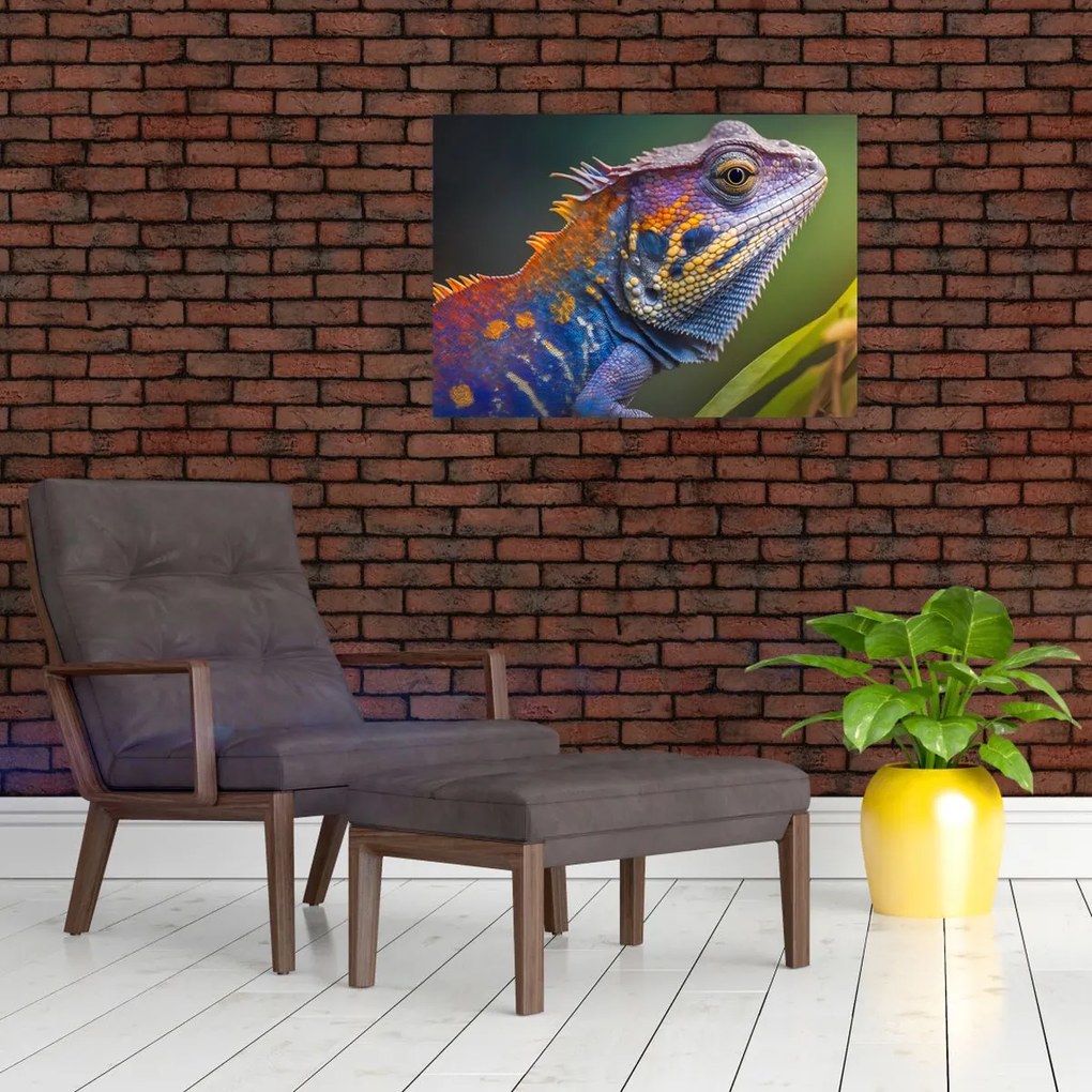 Tablou pe sticlă - Iguana colorată (70x50 cm)