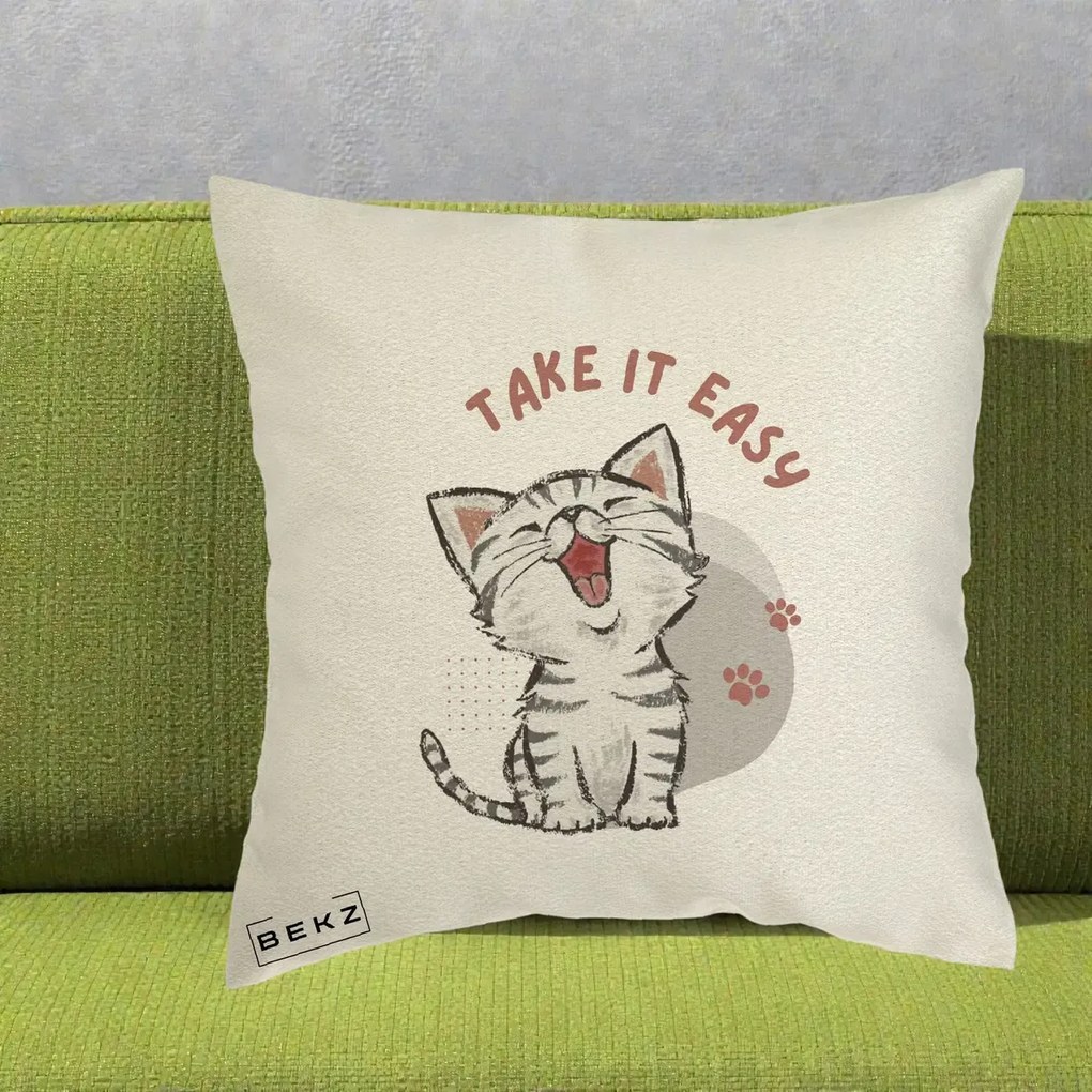 Perna Personalizata Take It Easy Cat, 40x40 cm, Ecru, Husa Detasabila, Perna Inclusa, BEKZ®