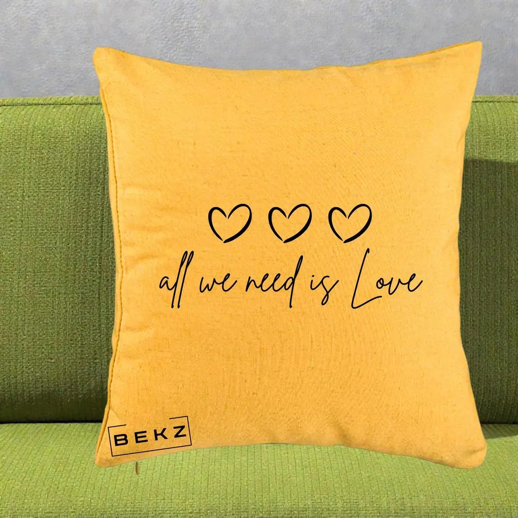 Perna Decorativa All We Need Is Love, 40x40 cm, Galben, Husa Detasabila, Perna Inclusa, BEKZ®
