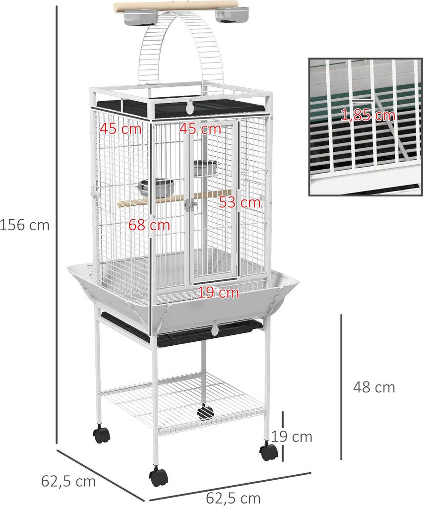 PawHut Colivie pentru păsări, volieră pe roți cu suport, tavă glisantă, bară de lemn pentru odihnă, 62,5x62,5x156cm, alb | Aosom Romania