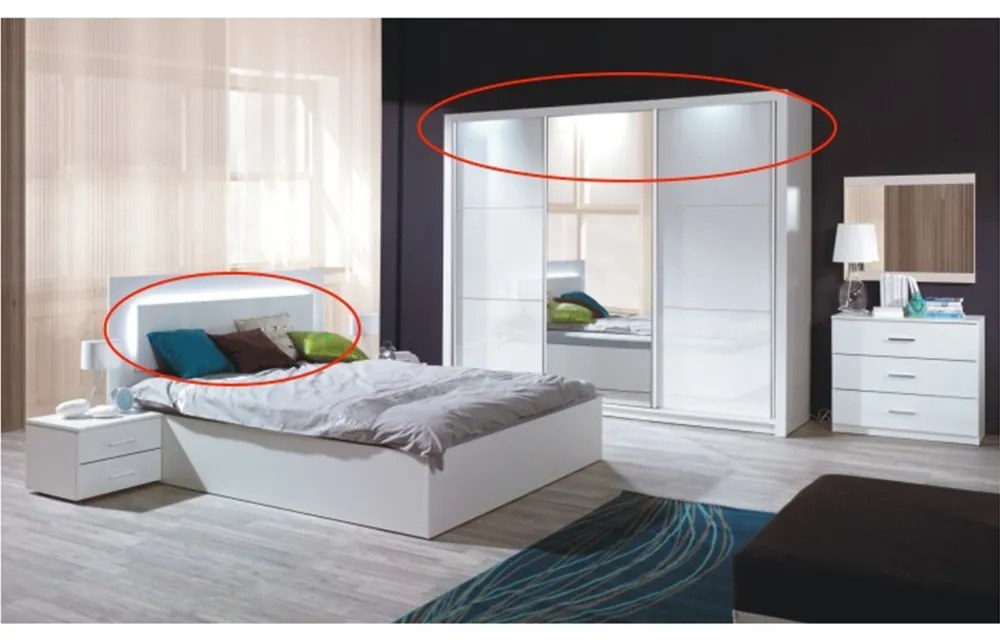 Set dormitor (dulap + pat 160x200 + 2x noptieră), alb/alb lucios HG, ASIENA