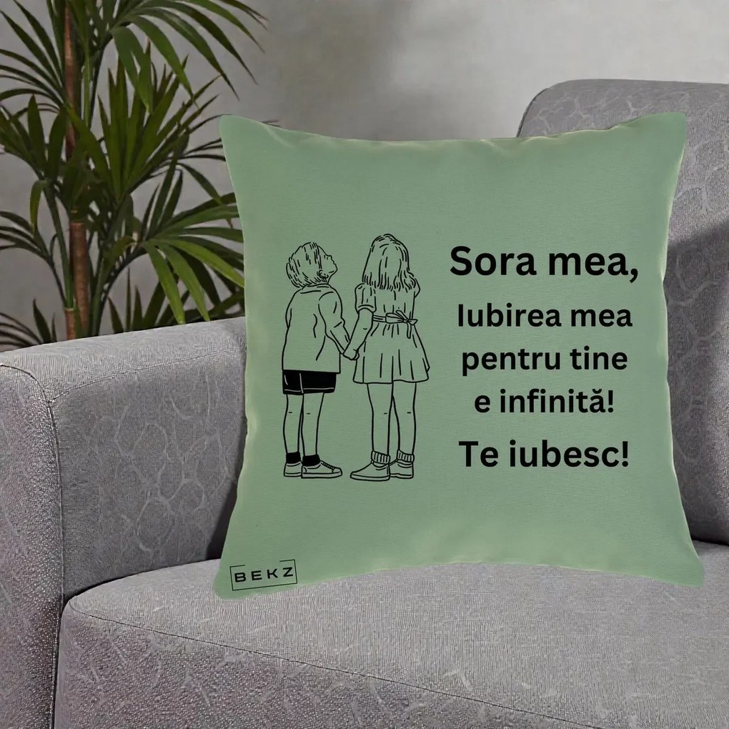 Cadou pentru Sora - Perna Personalizata Sora Mea Te Iubesc Copii Tinand Maini Line Art, 40x40 cm, Verde, Husa Detasabila, Perna Inclusa, BEKZ®
