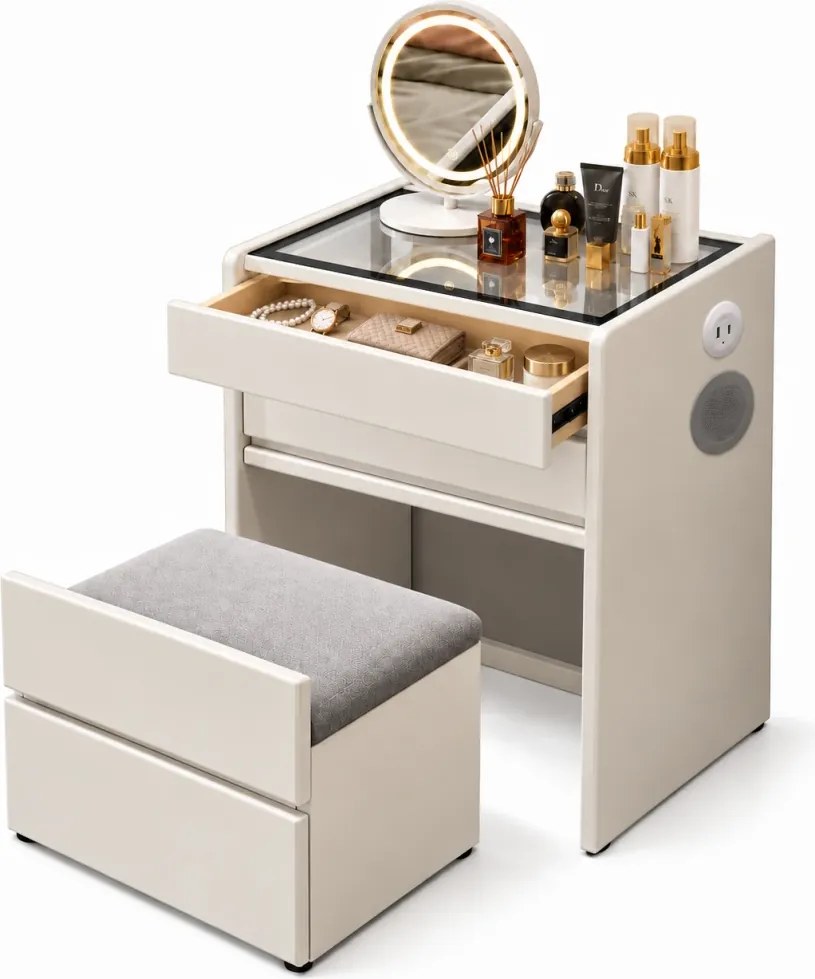 EVORA – Masă de machiaj 3 în 1 - Oglindă LED, boxa Bluetooth, blat din sticlă, prize, USB-A + Type-C și spații de depozitare, taburet integrat, Alb