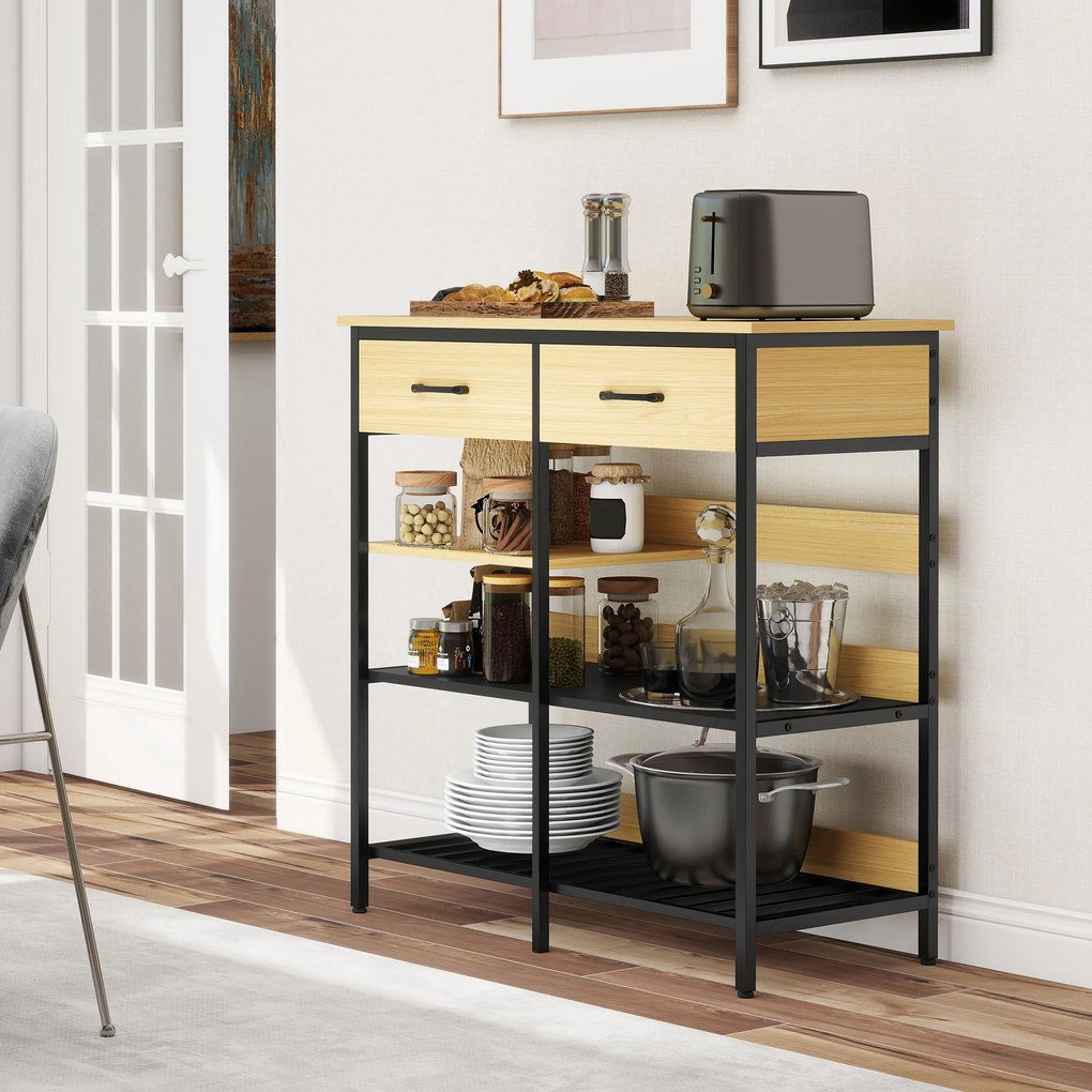 HOMCOM Sideboard, comodă cu 2 sertare, 3 rafturi deschise dulap de bucătărie pentru bucătărie, living 90 x 40 x 91 cm, lemn natural | Aosom Romania