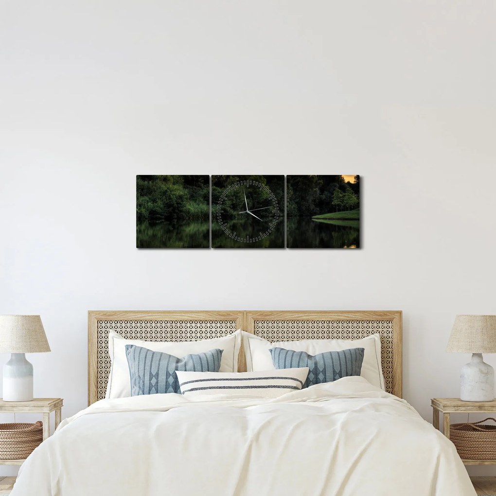 Tablou cu lac în pădure (cu ceas) (90x30 cm)