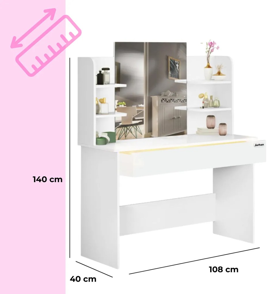 Măsuță de toaletă LUCIA, 108x40x140cm, albă Jurhan