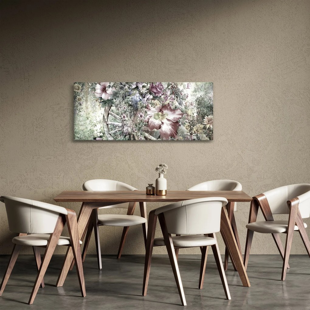 Tablou - Flori pe roata de lemn (120x50 cm)