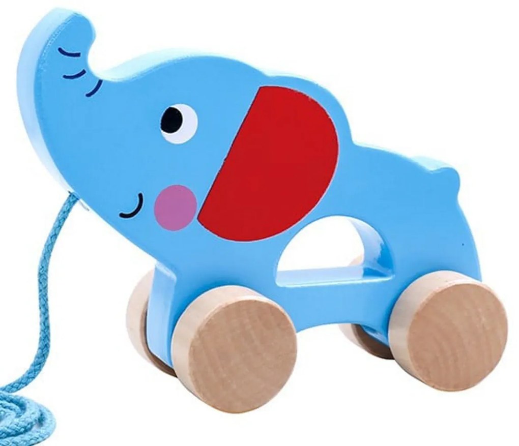 Jucarie educativa de tras din lemn masiv NOVOKIDS™ My first Tiny Elephant, Cu roti, Motricitate , Cu sfoara de tractare, Materiale Eco, Albastru