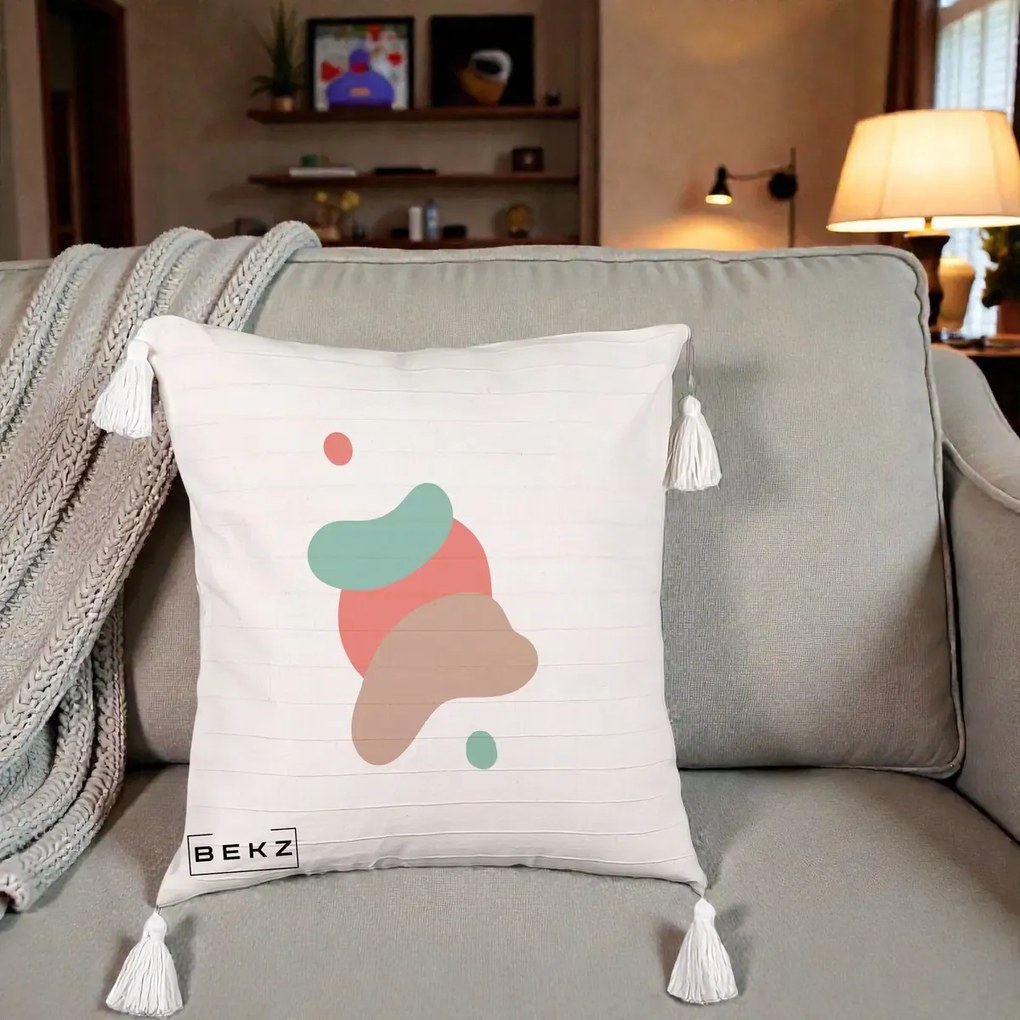 Perna Decorativa Abstract Forme Fluide Coral, 40x40 cm, Bej cu Franjuri, Husa Detasabila, Perna Inclusa, BEKZ®