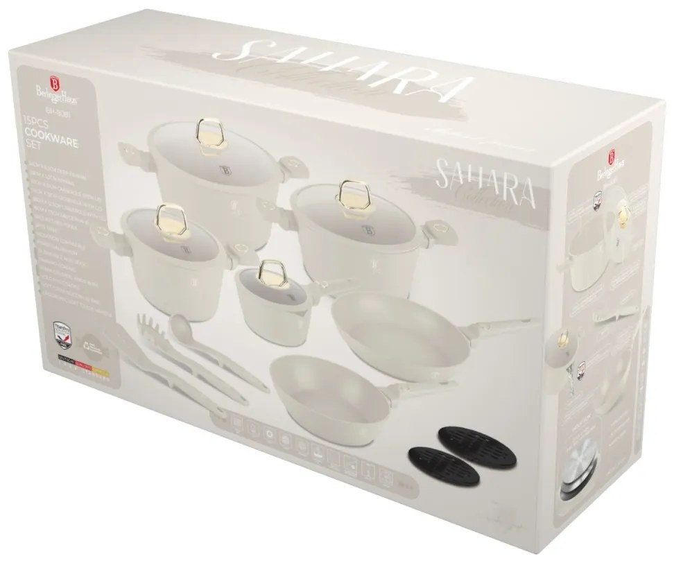 Set oale si tigai cu capace 15 piese Sahara Collection Berlinger Haus BH 8081, crem, antiaderente, curatare usoara, inductie, design elegant, premium