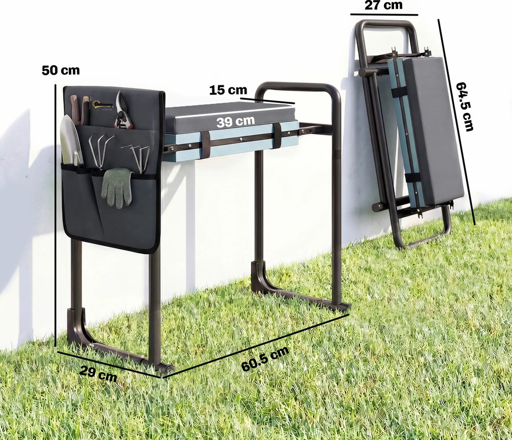 Outsunny Taburet de grădină pliabil cu perniță din spumă EVA Asiento de Jardín con Bolsa para Herramientas Gris Oscuro | Aosom Romania
