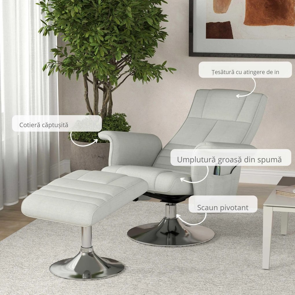 HOMCOM Fotoliu relaxant cu masaj și pouf, fotoliu TV cu spătar reglabil și șezut pivotant la 360° 78 x 95 x 88 cm crem | Aosom Romania