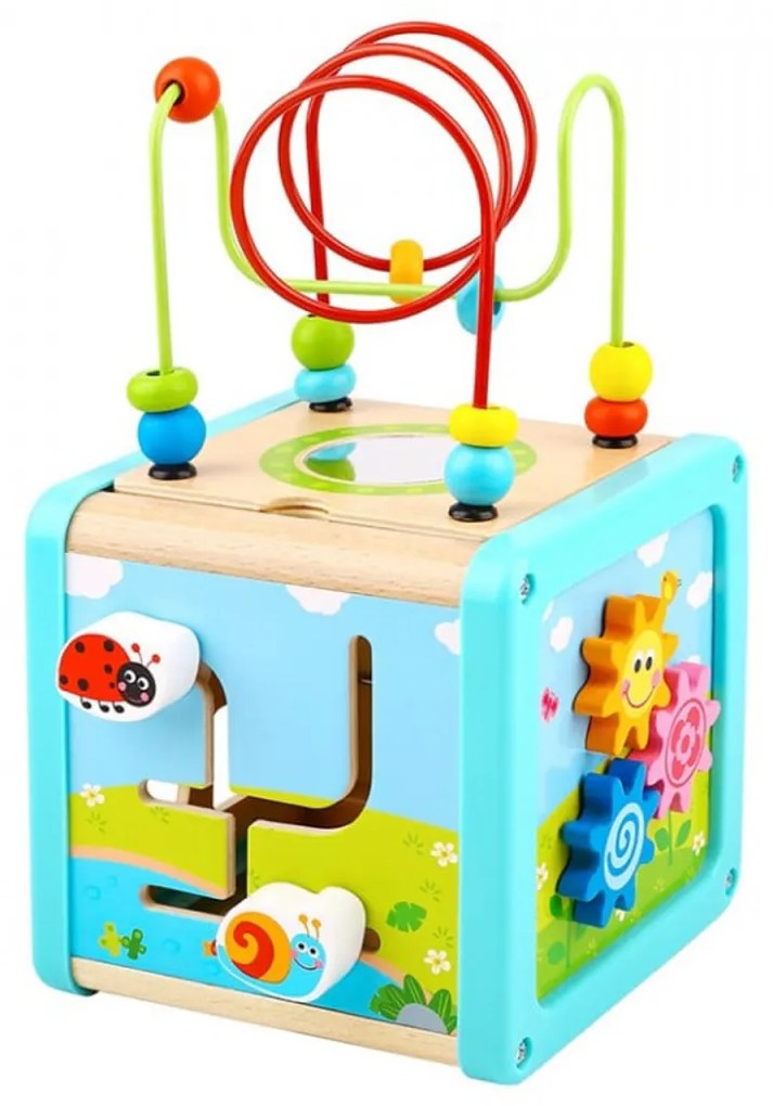 Cub educativ multifunctional din lemn masiv NOVOKIDS™ Wooden EduCube, 5 in 1, Cu forme geometrice, Labirint, Motricitate si puzzle, Materiale Eco,