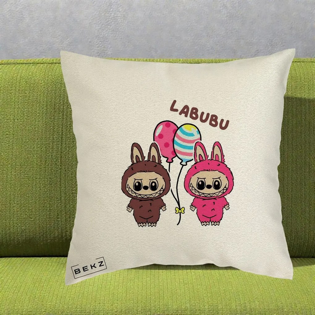 Perna Personalizata Labubu Cuplu cu Baloane, 40x40 cm, Ecru, Husa Detasabila, Perna Inclusa, BEKZ®