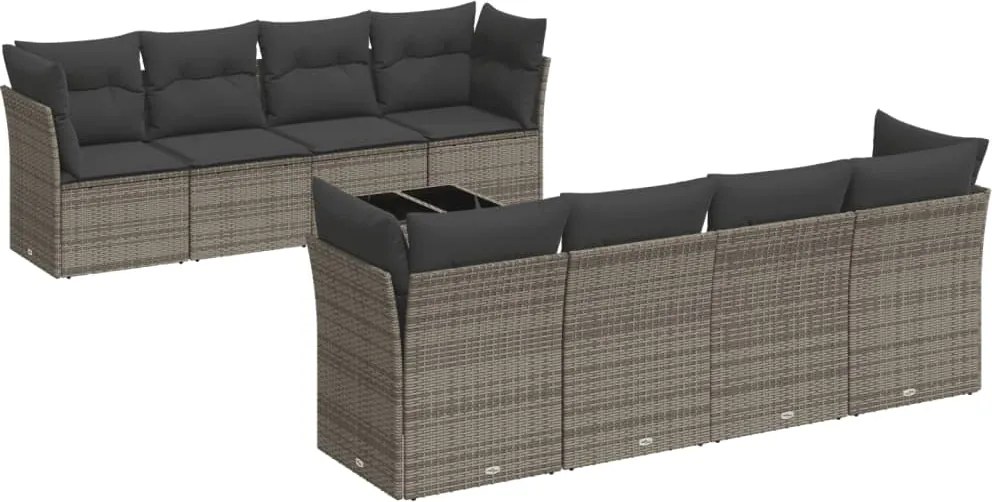 vidaXL Set canapele de grădină, 9 piese, cu perne, gri, poliratan