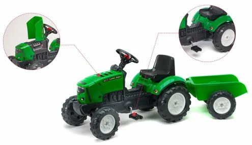 Tractor Falk pentru copii, cu pedale si remorca, Verde