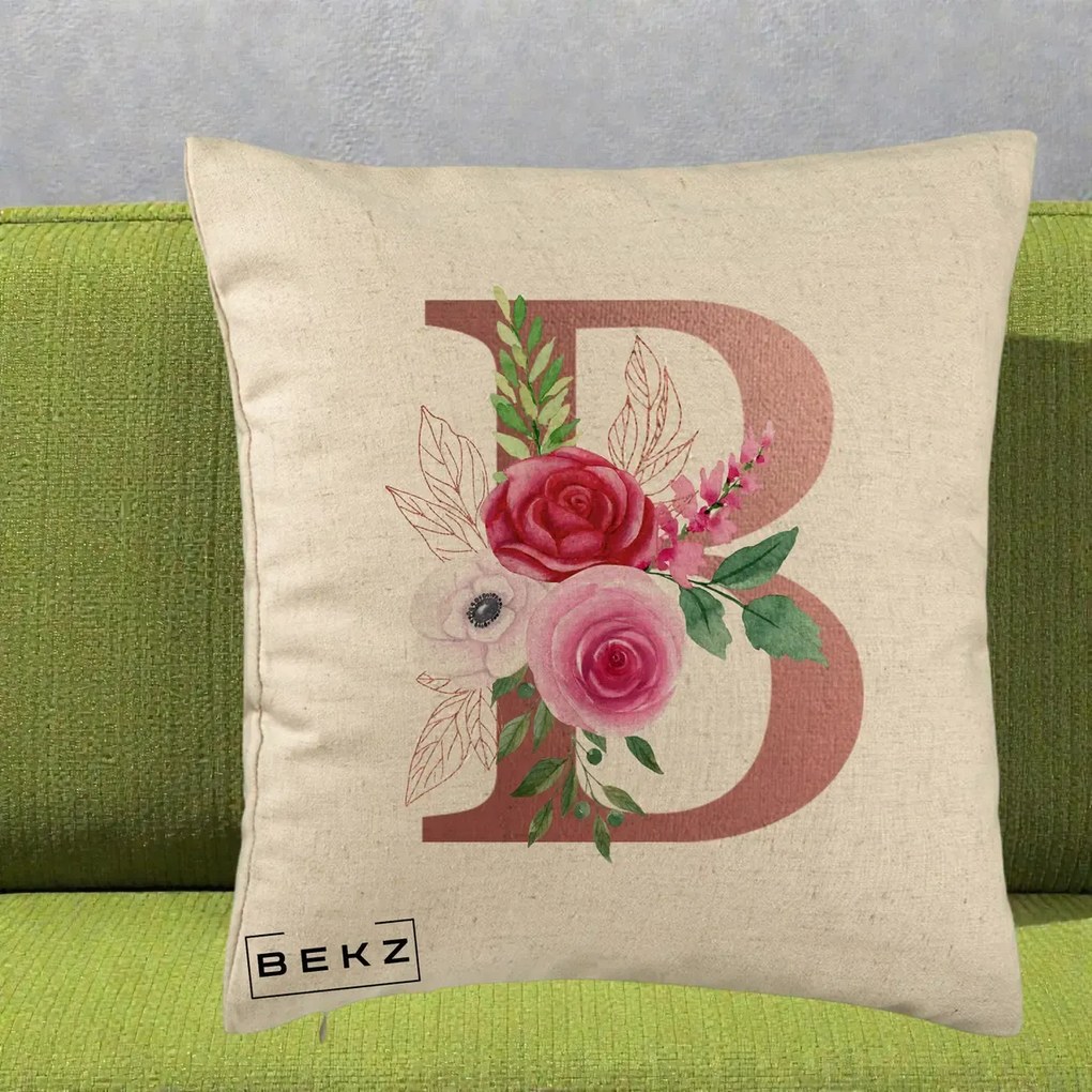 Cadou Personalizat - Perna Personalizata Monograma Rose Gold Litera B, 40x40 cm, Bej, Husa Detasabila, Perna Inclusa, BEKZ®