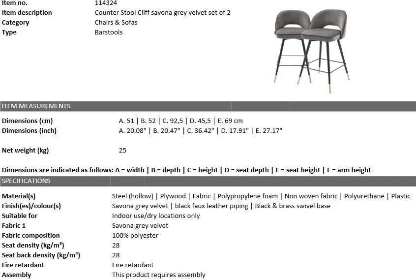 Set de 2 scaune de bar design modern Cliff, H-92,5cm gri 114324 HZ