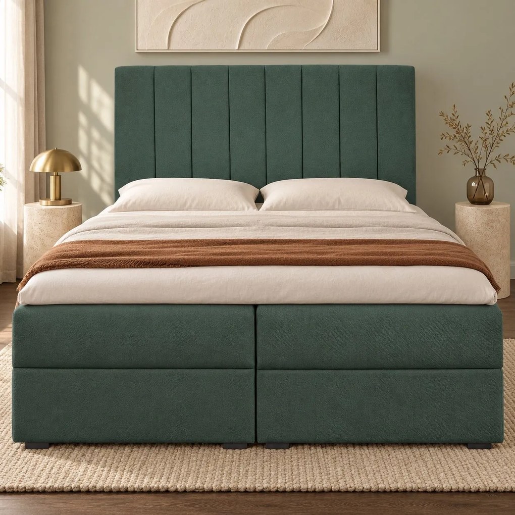 Pat boxspring din catifea Novella cu ladă 160×200 cm, verde