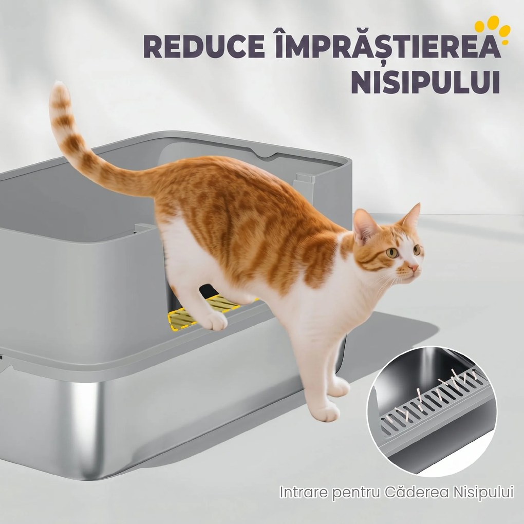 PawHut Litieră pentru Pisici Închisă din Oțel Inoxidabil XL cu Lopățică și Laterale Înalte, Gri | Aosom Romania