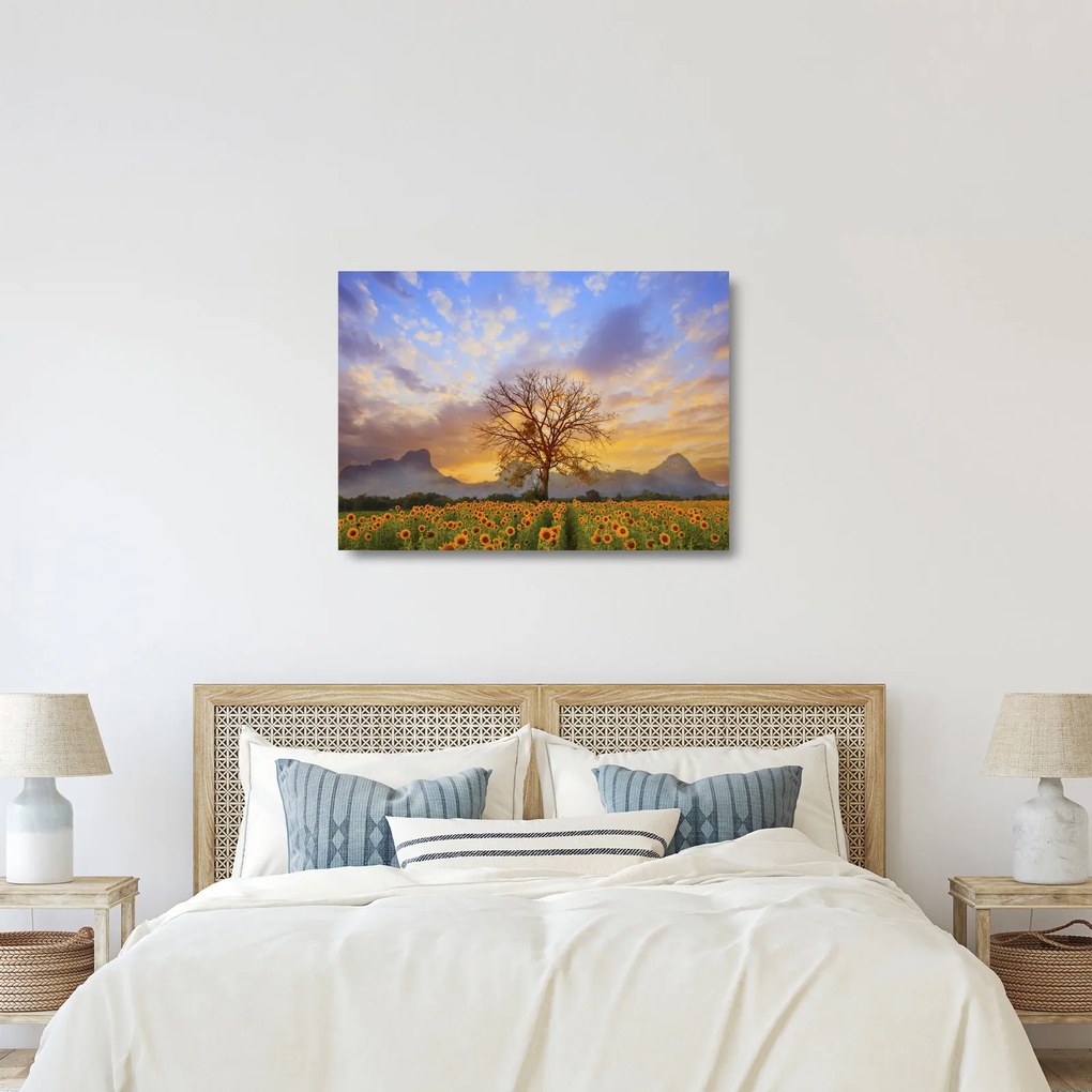 Tablou pe sticlă - Peisaj cu floarea soarelui (70x50 cm)