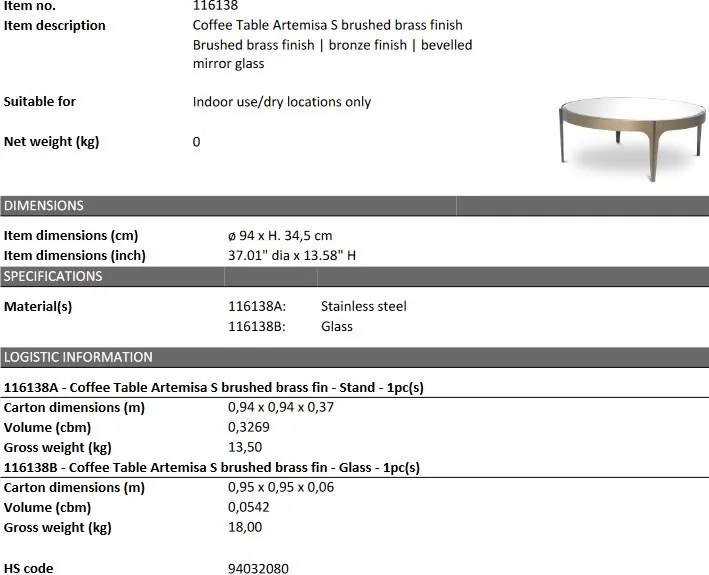 Masuta de cafea design LUX Artemisa S, alama periata 116138 HZ