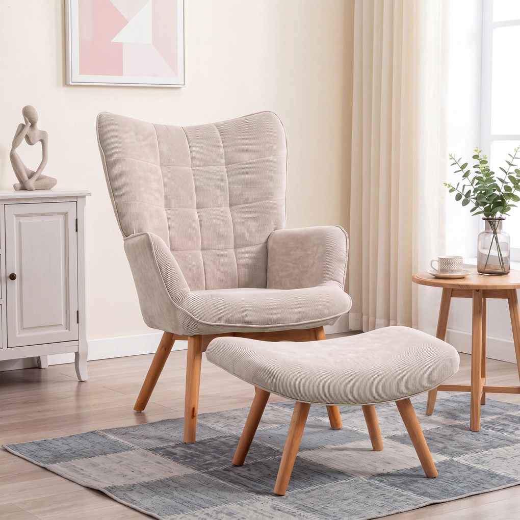 HOMCOM Fotoliu cu Taburet pentru Cameră sau Living din Catifea cu Model Crestat , Spătar Înalt și Brațe, 72x80x101 cm, Bej | Aosom Romania