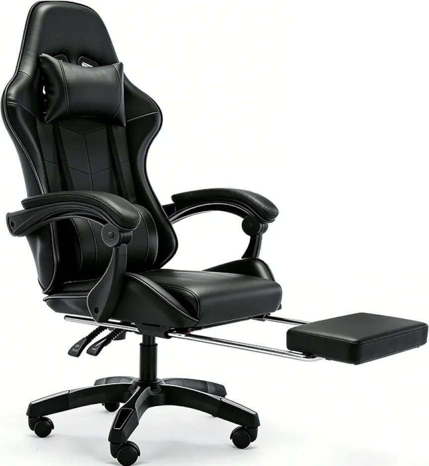 Scaun gaming, Masaj în perna lombară, Rabatabil 90-145°, Suport picioare, piele PU, Negru