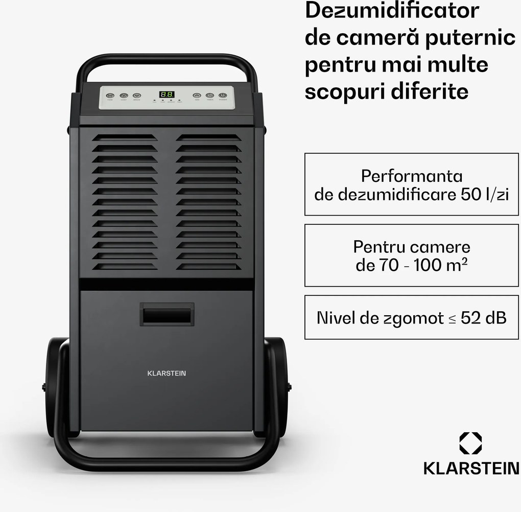 Klarstein DuraDry 50L dezumidificator, 50 l/zi, 70-100 m², oțel inoxidabil, mobil, 450 m³/h