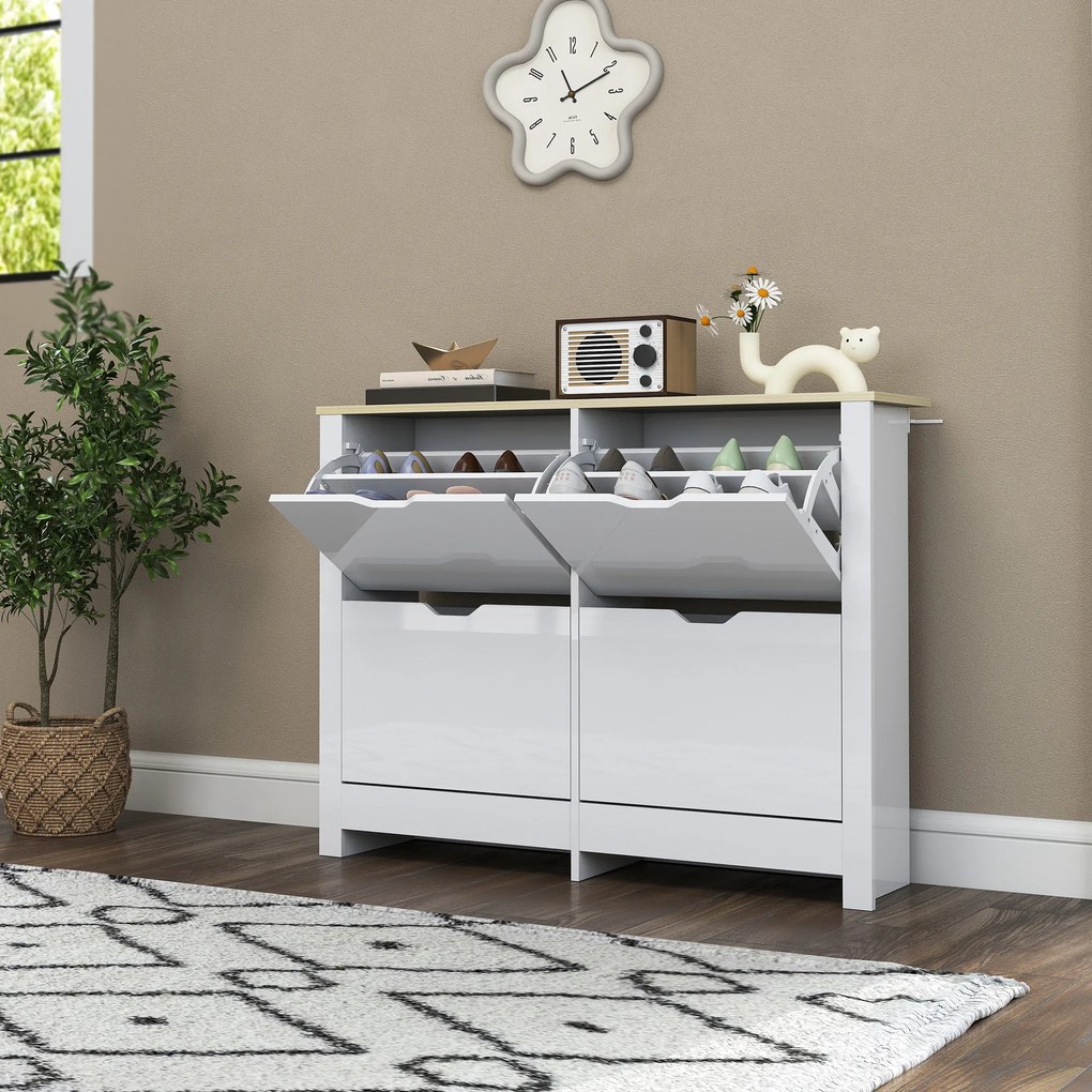 HOMCOM Dulap pentru pantofi 16 perechi, dulap îngust pentru pantofi cu 4 sertare rabatabile și rafturi reglabile, stil modern, pentru hol, intrare, 105 x 26 x 80 cm, alb și stejar | Aosom Romania