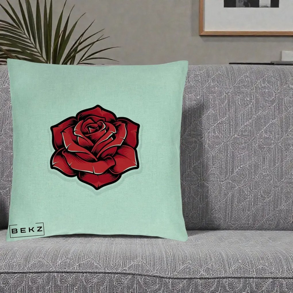 Perna Decorativa Trandafir Rosu Tattoo, 40x40 cm, Verde Menta, Husa Detasabila, Perna Inclusa, BEKZ®