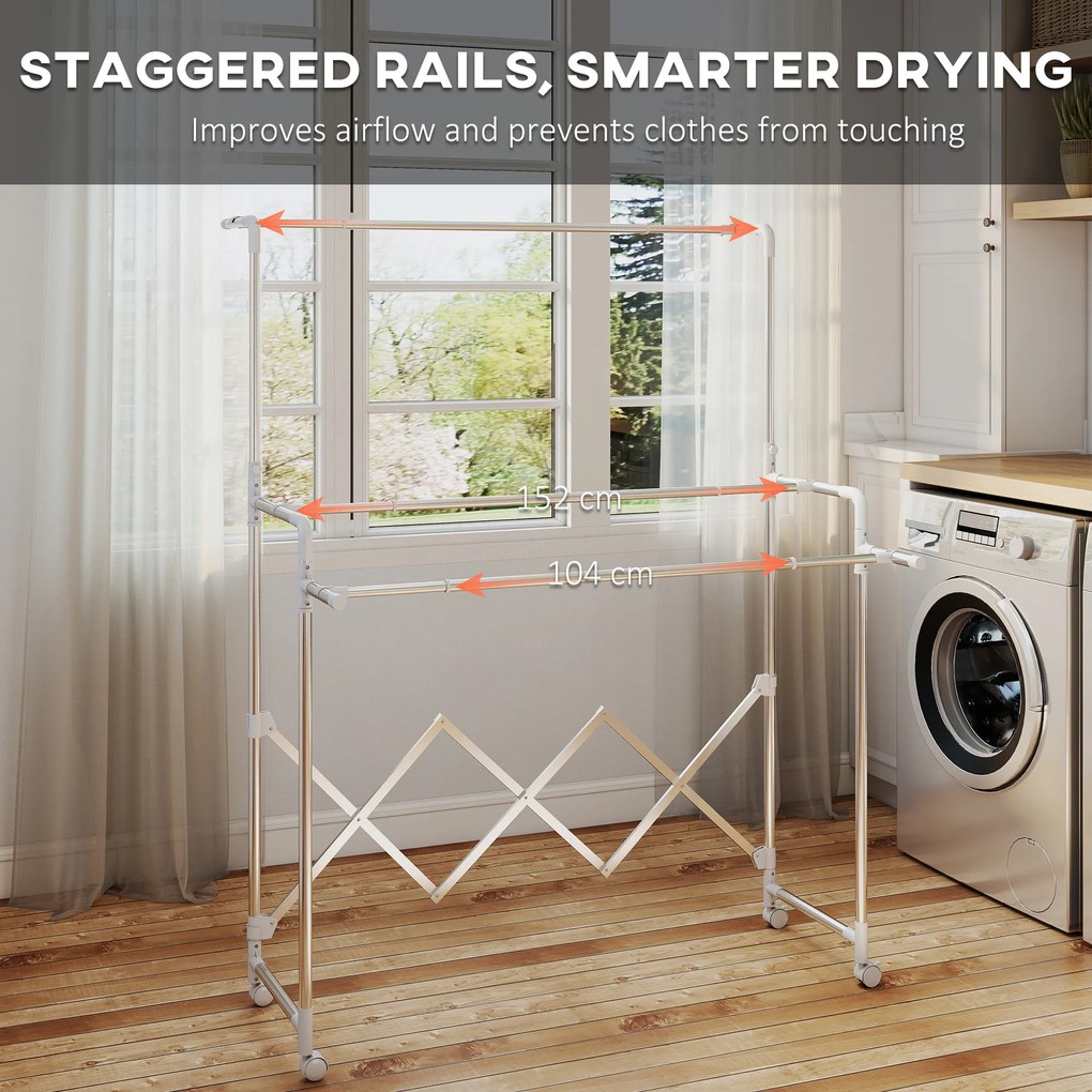 HOMCOM Uscător de Rufe Pliabil cu 3 Bare Reglabile, Uscător Vertical cu Roți Pivotante și Cadru din Oțel Inox, Uscător pentru Acasă și Spălătorie, Argintiu | Aosom Romania
