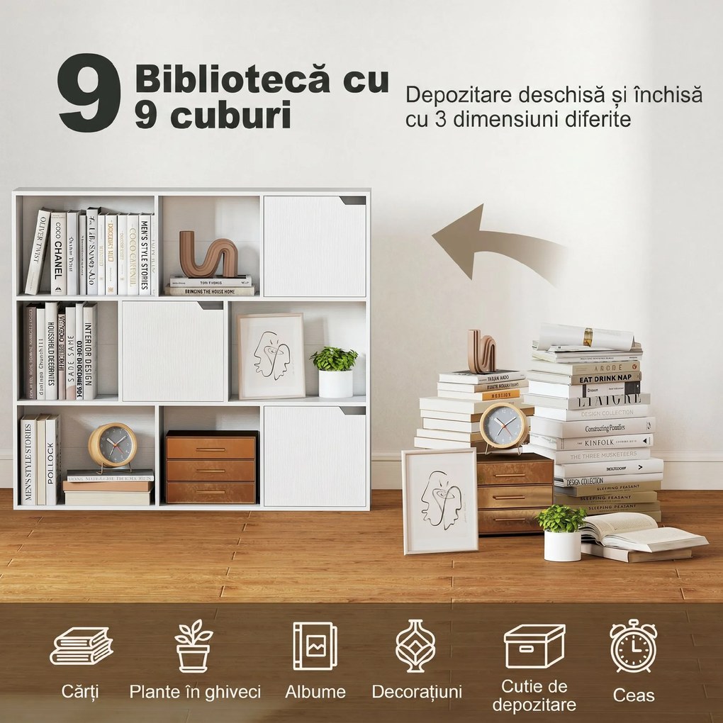 HOMCOM Bibliotecă cu Cuburi cu 6 Secțiuni Deschise și 3 Închise din Lemn Alb | Aosom Romania