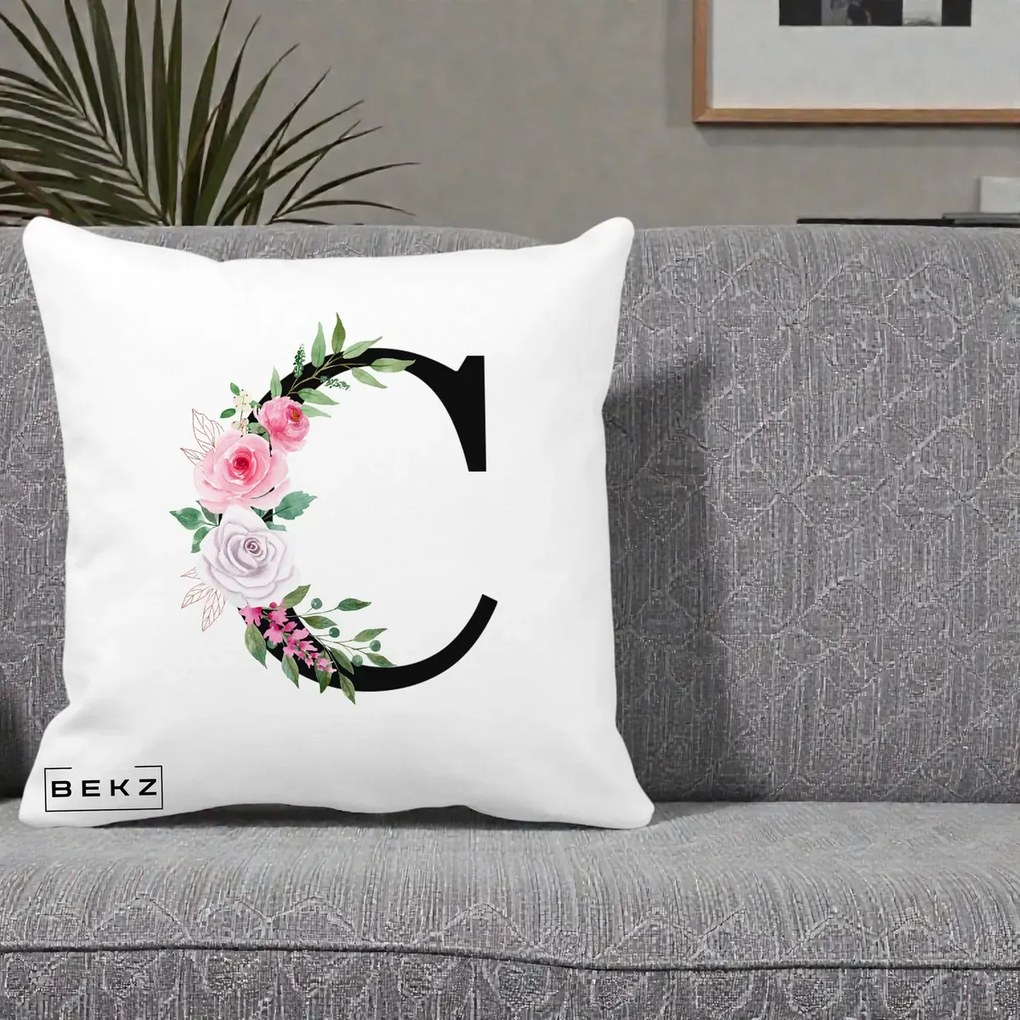 Cadou Personalizat - Perna Personalizata Monograma Florala Litera C, 40x40 cm, Alba Mata, Husa Detasabila, Perna Inclusa, BEKZ®