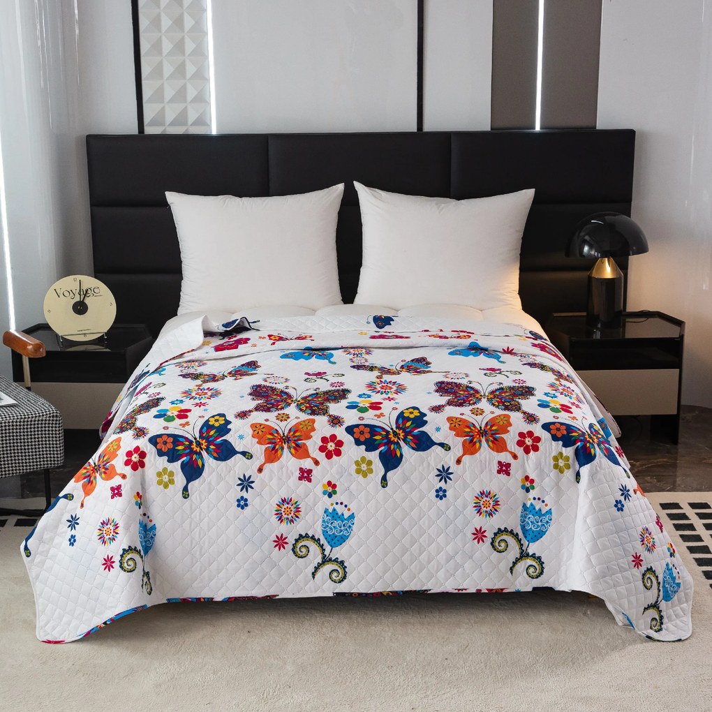 Cuvertura de pat cu model COLORFUL BUTTERFLY alb Dimensiune: 220 x 240 cm