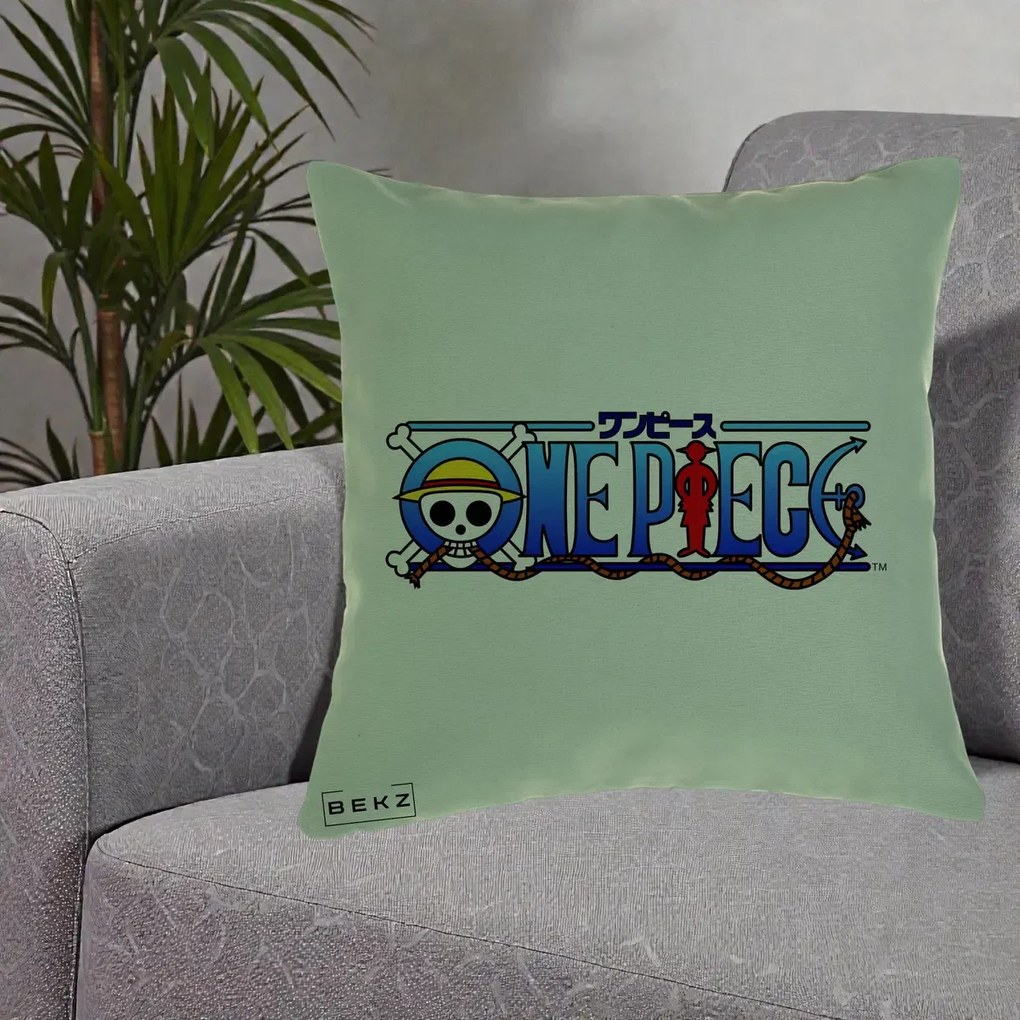 Perna Personalizata One Piece Clasic Albastru, 40x40 cm, Verde, Husa Detasabila, Perna Inclusa, BEKZ®
